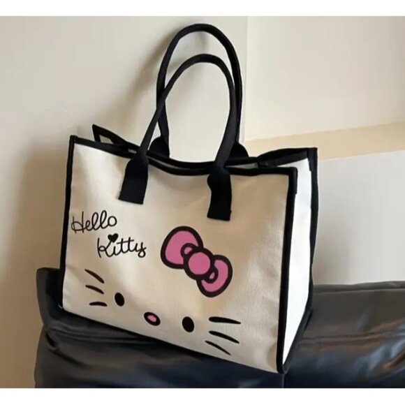 Hello Kitty Canvas Shoulder Tote Bag Cute & Functional for Shopping Work Travel - Picture 2 of 2